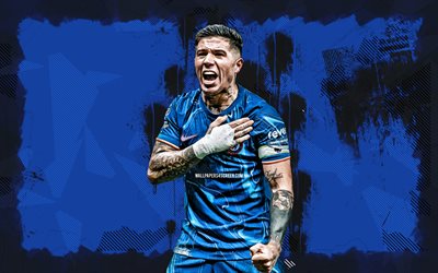 4k, enzo fernandez, mavi grunge arka plan, chelsea fc, premier lig, arjantinli futbolcular, enzo fernandez 4k, futbol, enzo fernandez chelsea