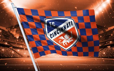 4k, FC Cincinnati logo, American football club, stadium flag, FC Cincinnati fans flag, blue orange flag, FC Cincinnati emblem, MLS, USA, soccer, football, FC Cincinnati