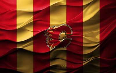 4k, logo calgary flames, sfondo 3d giallo rosso, emblema di calgary flames, team di hockey americana, flag di calgary flames, texture 3d, nhl, usa, fiamme di calgary, hockey