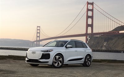 audi q6 e tron quattro, 4k, crossover, 2025 arabalar, altın kapı köprüsü, beyaz audi q6 e tron, elektrikli arabalar, 2025 audi q6 e tron, alman arabaları, audi