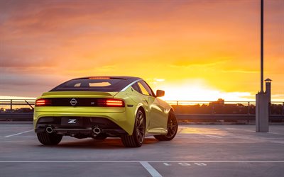 nissan z, 4k, atardecer, 2022 autos, au especificación, visión trasera, z34, nissan fairlady z, amarillo nissan z, 2022 nissan z, autos japoneses, nissan