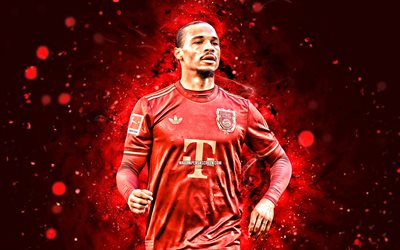 4k, leroy sane, kırmızı soyut arka plan, bayern münih fc, bundesliga, alman futbolcuları, leroy sane 4k, futbol, kırmızı neon işıklar, leroy sane bayern münih