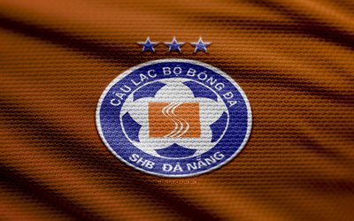 SHB Da Nang fabric logo, 4k, orange fabric background, V-League 1, bokeh, soccer, SHB Da Nang logo, football, SHB Da Nang emblem, SHB Da Nang, Vietnamese football club, SHB Da Nang FC