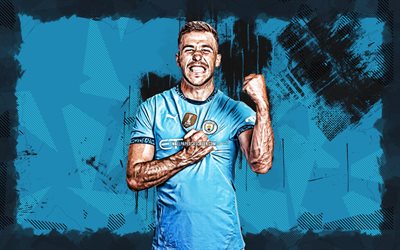 4k, Nico Gonzalez, blue grunge background, Manchester City FC, Premier League, Spanish footballers, Nico Gonzalez 4K, football, soccer, Nicolas Gonzalez, Nico Gonzalez Manchester City