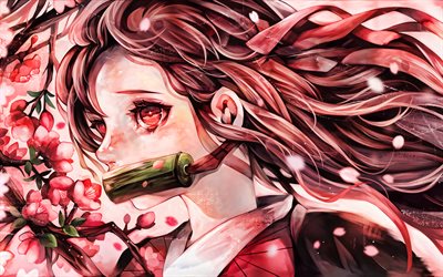 nezuko kamado, primavera, kimono, demon slayer, fiori di ciliegio, protagonista, demon slayer kimetsu no yaiba, manga, kamado nezuko, demon hunter, nezuko kamado kimetsu no yaiba