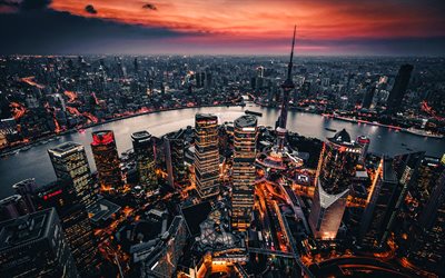 4k, shanghaai, auringonlasku, moderni arkkitehtuuri, pilvenpiirtäjät, kiinalaiset kaupungit, kiina, taivaanrannan kaupunkimaisema, shanghai yöllä, aasia, shanghai citysema, shanghain panoraama