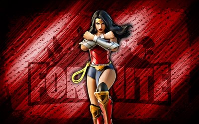 wonder woman fortnite, 4k, fond en diagonale rouge, grunge, fortnite, œuvres d'art, peau de merde, personnages fortnite, merveilleuse femme, skin wonder woman de fortnite