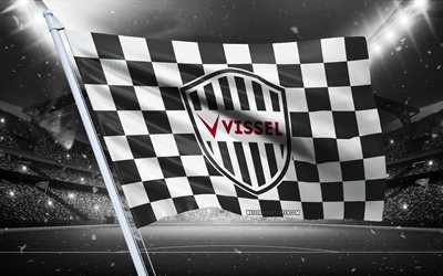4k, logo vissel kobe, club di calcio giapponese, flag di stadio, bandiera dei fan di vissel kobe, bandiera nera bianca, vissel kobe emblem, j1 league, giappone, calcio, vissel kobe