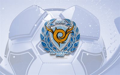 Daegu FC glossy logo, 4K, blue football background, K League 1, soccer, Daegu FC, south korean football club, Daegu FC emblem, Daegu FC logo, FC Daegu