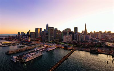 san francisco, 4k, auringonlasku, satama, laiturit, pilvenpiirtäjät, moderni arkkitehtuuri, yhdysvallat, taivaanranta, amerikka, amerikan kaupungit, san franciscon panoraama, san franciscon kaupunkikuva