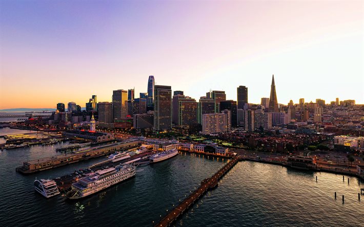 San Francisco, 4k, sunset, harbor, piers, skyscrapers, modern architecture, USA, skyline citiscapes, America, american cities, San Francisco panorama, San Francisco cityscape