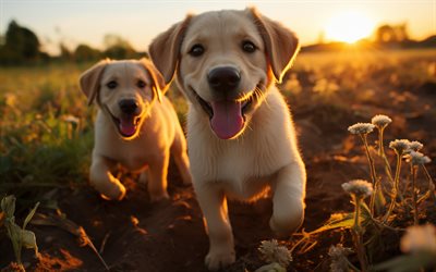 zwei welpen, 4k, sonnenuntergang, golden retriever, süße tiere, labrador, süße hunde, haustiere, hunde, welpen, golden retriever hund