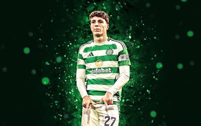 4k, Arne Engels, green abstract background, Celtic FC, Scottish Premiership, Belgian footballers, green neon lights, Arne Engels 4K, football, soccer, Arne Engels Celtic