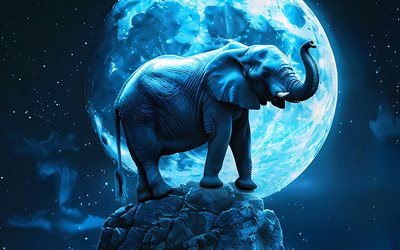elefante sulla cima della montagna, 4k, luna blu, notte, elefante dei cartoni animati, art fantasy, elefanti, luna