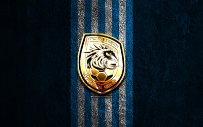 페탈링 자야시 fc 골든 로고, 4k, 블루 스톤 배경, 말레이시아 슈퍼 리그, 말레이시아 축구 클럽, 페탈링 자야시 fc 로고, 축구, 페탈링 자야 시티 fc 엠블럼, 페탈링 자야시 fc, 페탈링 자야시