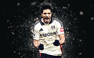 Raul Jimenez, 4k, white neon lights, Fulham, Premier League, Mexican footballers, Raul Jimenez 4K, football, soccer, Fulham FC, Raul Jimenez Fulham