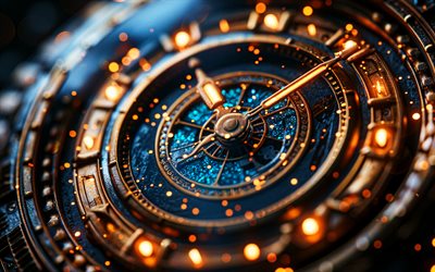 altes zifferblatt, 4k, goldene pfeile, zeitkonzepte, makro, uhr, nahaufnahme, wählen, vintage clock, glühbirnen, alte uhr, 3d  kunst, hintergrund mit uhr