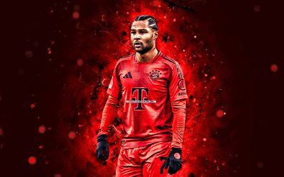 4k, serge gnabry, kırmızı soyut arka plan, bayern münih fc, bundesliga, alman futbolcuları, serge gnabry 4k, futbol, kırmızı neon işıklar, serge gnabry bayern münih