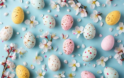 huevos de pascua sobre fondo azul, felices pascuas, huevos de pascua, flores de primavera, flor de cerezo, plantilla de tarjeta de pascua, pascua de resurrección