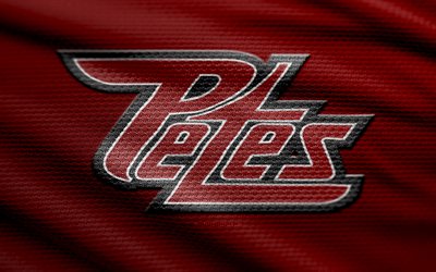Peterborough Petes fabric logo, 4k, red fabric background, OHL, bokeh, hockey, Peterborough Petes logo, Peterborough Petes emblem, canadian hockey club, Peterborough Petes