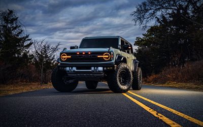 ford bronco raptor, 4k, farolas, 2025 autos, camino, hdr, nuevo ford bronco, extremo, blue ford bronco, dunas de arena, 2025 ford bronco, autos americanos, vado, suvs