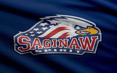Saginaw Spirit fabric logo, 4k, blue fabric background, OHL, bokeh, hockey, Saginaw Spirit logo, Saginaw Spirit emblem, american hockey club, Saginaw Spirit