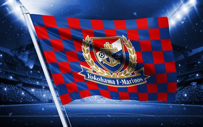 4k, Yokohama F Marinos logo, Japanese football club, stadium flag, Yokohama F Marinos fans flag, blue red flag, Yokohama F Marinos emblem, J1 League, Japan, football, Yokohama F Marinos
