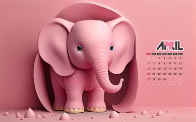 4k, calendario di aprile 2025, elefante dei cartoni animati rosa, aprile 2025, calendari di primavera, 3d art, calendario aprile 2025, sfondi rosa, elefanti, 2025 concetti, elefante dei cartoni animati, calendari di aprile, 2025 calendari, aprile