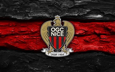 ogc bonito logo de madera, 4k, fondo de madera rojo negro, liga 1, fútbol, logotipo de ogc niza, fútbol americano, emblema de ogc niza, ogc niza, club de fútbol francés, niza fc