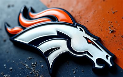 logo in metallo dei denver broncos, 4k, sfondo blu metallo arancione, segno dei denver broncos, afc, logo dei denver broncos, emblema dei denver broncos, usa, nfl, football americano