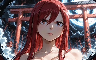 4k, erza escarlata, luna azul, puertas torii, cola de hadas, oscuridad, manga, personajes de anime, torii, personajes de cola de hadas, guerrero, erza ​​escarlata cola de hadas