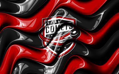 logo 3d des comètes d'utica, 4k, vagues 3d rouges noires, lah, hockey, drapeau des comètes d'utica, créatif, logo des comètes d'utica, emblème des comètes d'utica, équipe américaine de hockey, comètes d'utique