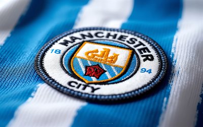 logotipo de tela del manchester city fc, 4k, fondo de tela azul, hombre de la ciudad, logotipo del manchester city, logotipo del manchester city fc, emblema del manchester city fc, inglaterra, manchester city fc