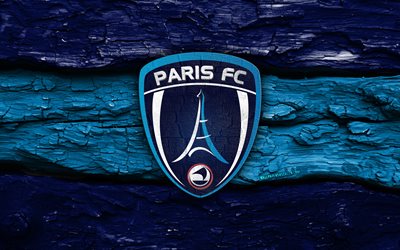 logotipo de madera del parís fc, 4k, fondo de madera azul, liga 1, fútbol, logotipo del parís fc, fútbol americano, emblema del parís fc, parís fc, club de fútbol francés, fc parís