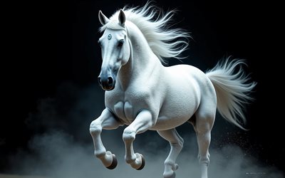 schimmel, 4k, raubtier, weiße steine, weiße pferde, wilde tiere, pferde, kreative kunst, schwarzer hintergrund, weißes pferd im dunkeln, laufendes weißes pferd