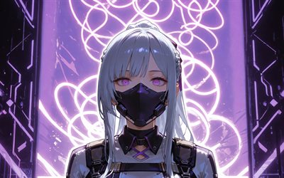 4k, AK-12, purple neon rays, Girls Frontline, darkness, purple eyes, mask, artwork, SRPG, manga, Girls Frontline characters, AK-12 Girls Frontline