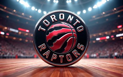logotipo 3d de los raptors de toronto, 4k, fondo del estadio de baloncesto, nba, creativo, baloncesto, logotipo de los raptors de toronto, emblema de los raptors de toronto, equipo de baloncesto canadiense, raptores de toronto