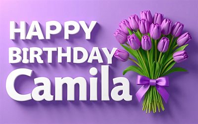4k, camila feliz cumpleaños, tulipanes violetas, minimalismo, nombre camila, creativo, cumpleaños camila, nombres femeninos americanos populares, fondo violeta, feliz cumpleaños camila, foto con el nombre de camila, camila