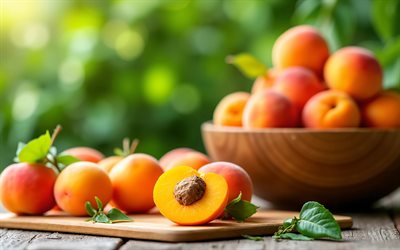 4k, cuenco de madera con albaricoques, de cerca, frutas de verano, frutas frescas, frutas maduras, albaricoques maduros, bokeh, fondo con albaricoques, frutas, albaricoques