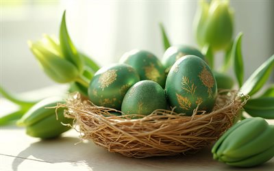 بيض عيد الفصح الأخضر مع الزخارف, عيد فصح سعيد, مفاهيم عيد الفصح, بيض عيد الفصح الأخضر, زينة عيد الفصح, عيد الفصح, الزنبق الأخضر, ربيع