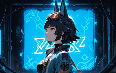 4k, هوشيمي ميابي, وهج أزرق, الظلام, منطقة زينليس صفر, خلفية مجردة زرقاء, مانغا, شخصيات zenless zone zero, أيقونة فروست فروست, رمز الشذوذ الشذوذ, هوشيمي ميابي منطقة زينليس زيرو