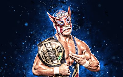 4k, El Grande Americano, mask, blue neon lights, WWE, creative, american wrestler, Charles Betts, El Grande Americano with belt, blue abstract background, World Wrestling Entertainment, wrestlers, El Grande Americano 4K