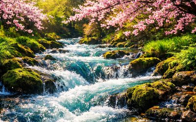 Mountain stream, spring, sakura, cherry blossom, river, Japan, spring landscape, green grass