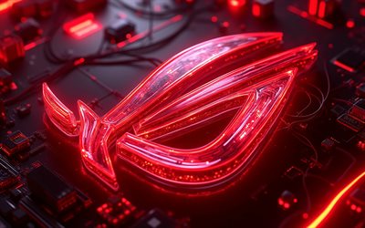 rog logo aus rotem glas, 4k, bokeh, drähte, schwarzer high tech hintergrund, republik der spieler, mikroschaltungen, dirigenten, marken, rog metalllogo, republic of gamers logo, asus rog, rog logo, rog