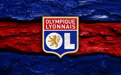 Olympique Lyonnais wooden logo, 4k, blue red wooden background, Ligue 1, soccer, Olympique Lyonnais logo, football, Olympique Lyonnais emblem, Olympique Lyonnais, french football club, Olympique Lyonnais FC