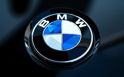 logotipo de cristal de bmw, 4k, fondo metálico azul, emblema de bmw, signo de bmw, logotipo de bmw, logotipo de cristal bmw, bmw