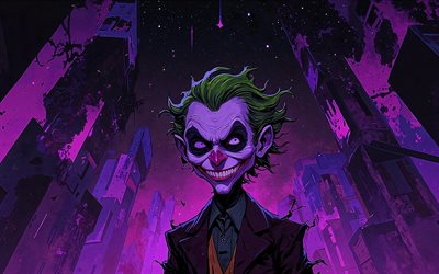 joker sonriente, 4k, oscuridad, fondo violeta grunge, arte de dibujos animados, supervillano, noche, bromista, arte abstracto, comodín 4k, creativo, arte del comodín