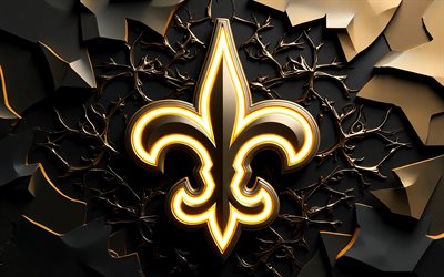 4k, New Orleans Saints neon logo, golden ornaments, black 3D stones, NFL, american football, New Orleans Saints 3D logo, geometric art, New Orleans Saints logo, american football team, New Orleans Saints