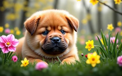 4k, Chow Chow puppy, cute dog, spring, bokeh, dogs, cute animals, puppies, close-up, pets, Chow Chow, spring flowers, puppy on the lawn, Chow Chow Dog