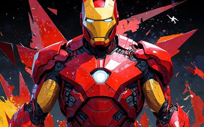 hombre de hierro, 4k, fondo geométrico rojo, cómics marvel, superhéroes, arte del hombre de hierro, creativo, hombre de hierro 4k